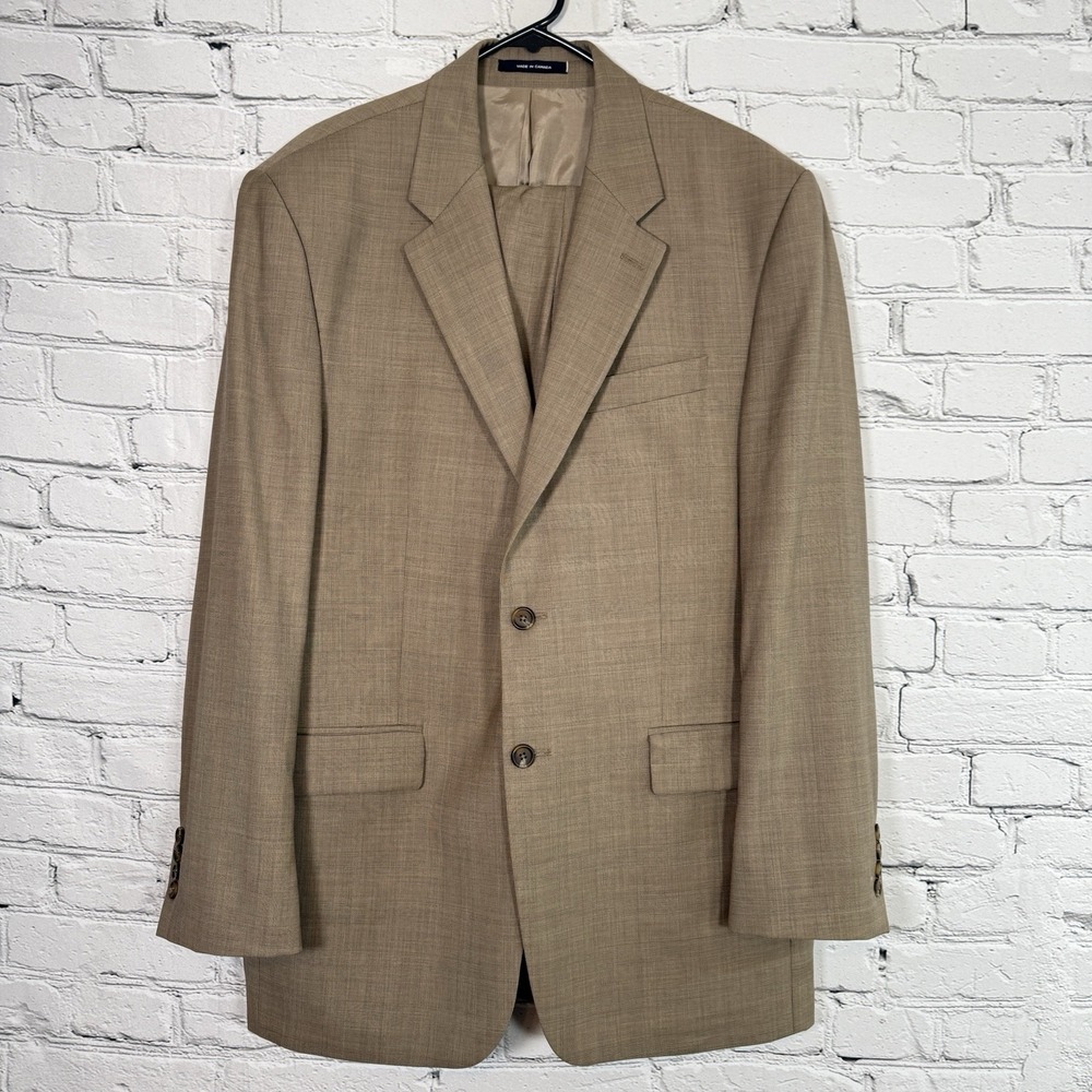 Vtg Chaps Ralph Lauren Suit 42L Men 2pc Tan Wool Glen Plaid Check Pleated 36x28+
